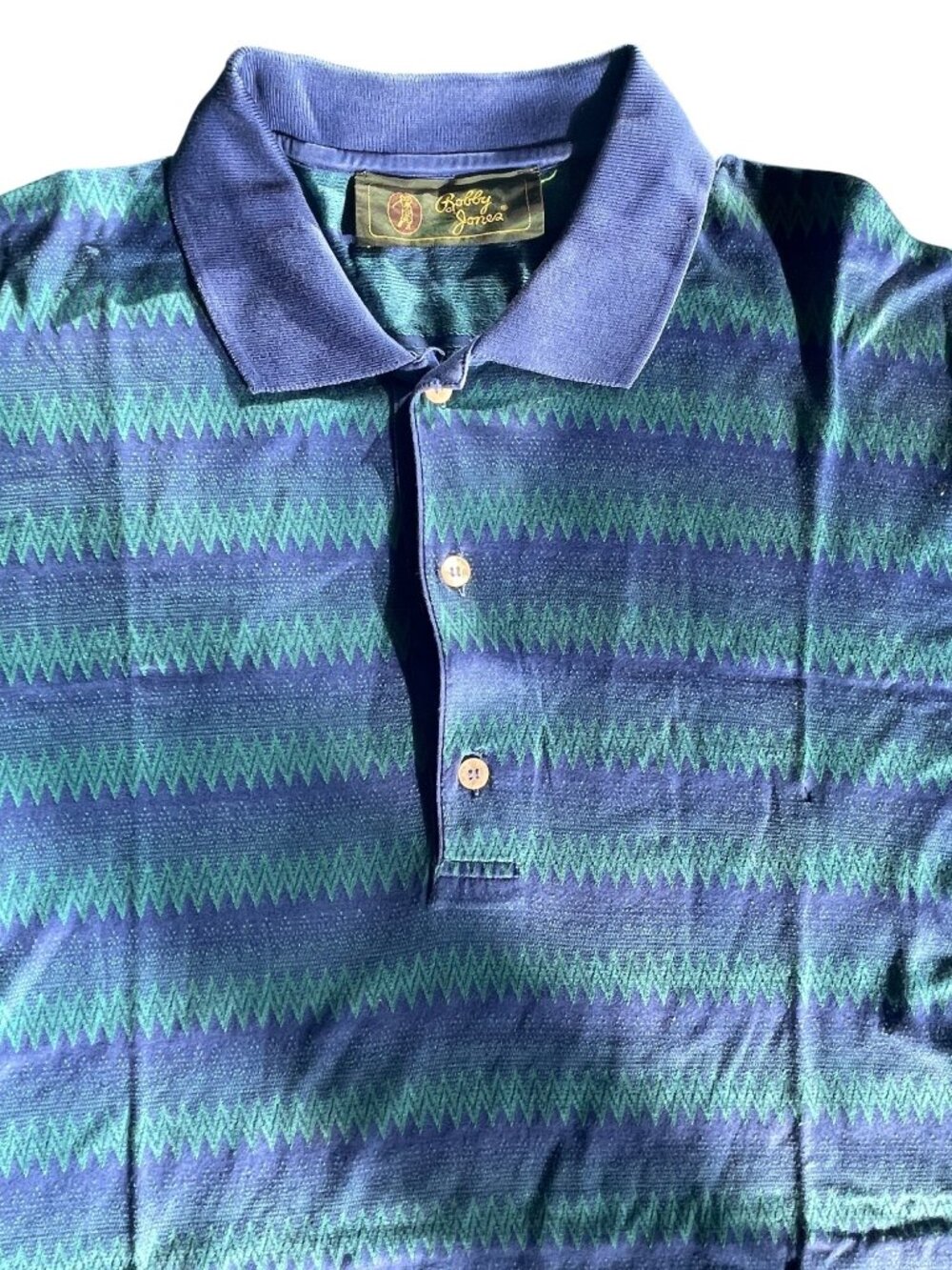 Bobby Jones XL Vintage Polo Shirt Green & Blue Striped 100% Mercerized Cotton